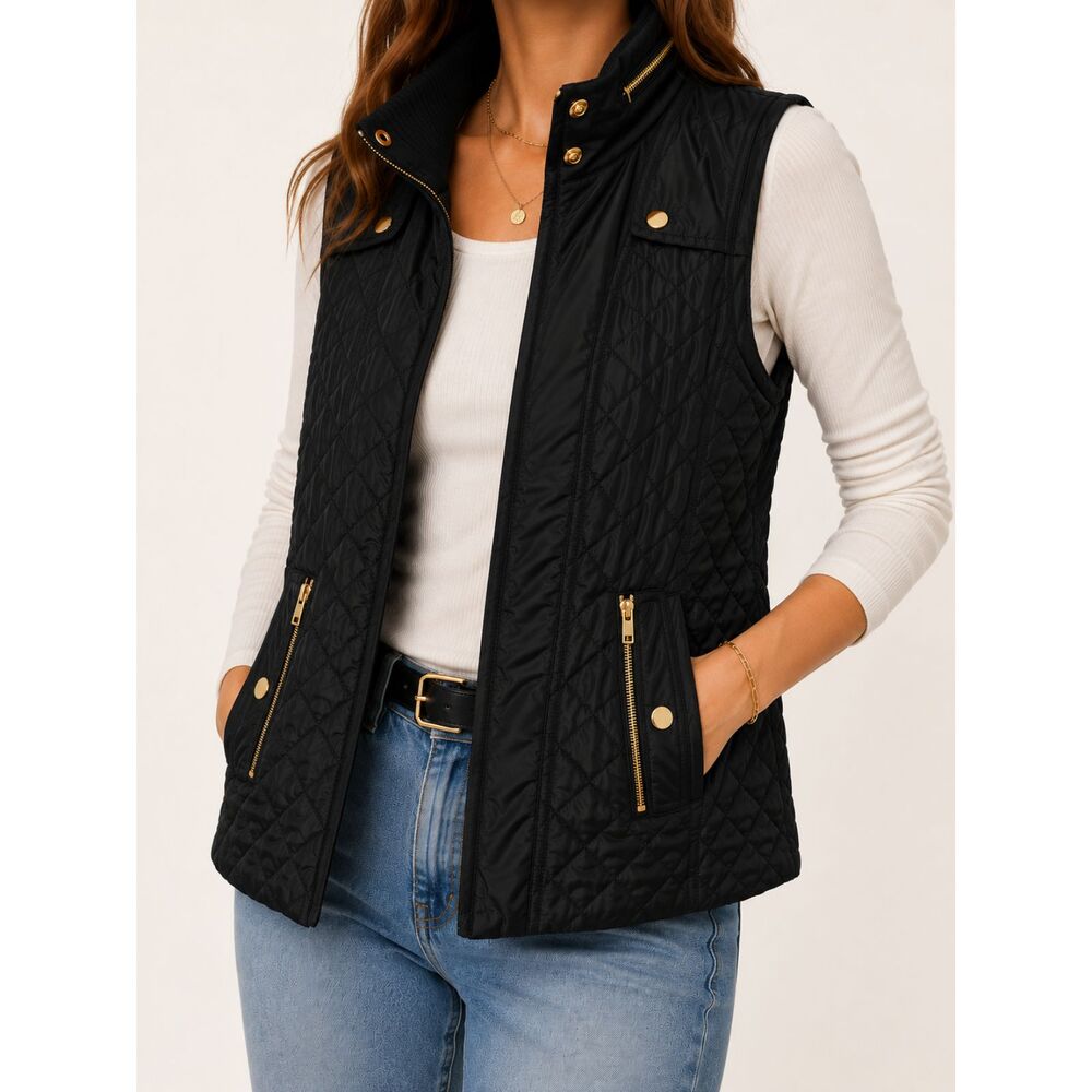 Tart Collections Black Quilted Puffer Vest Gold Zip Snap Mock Neck Size Large